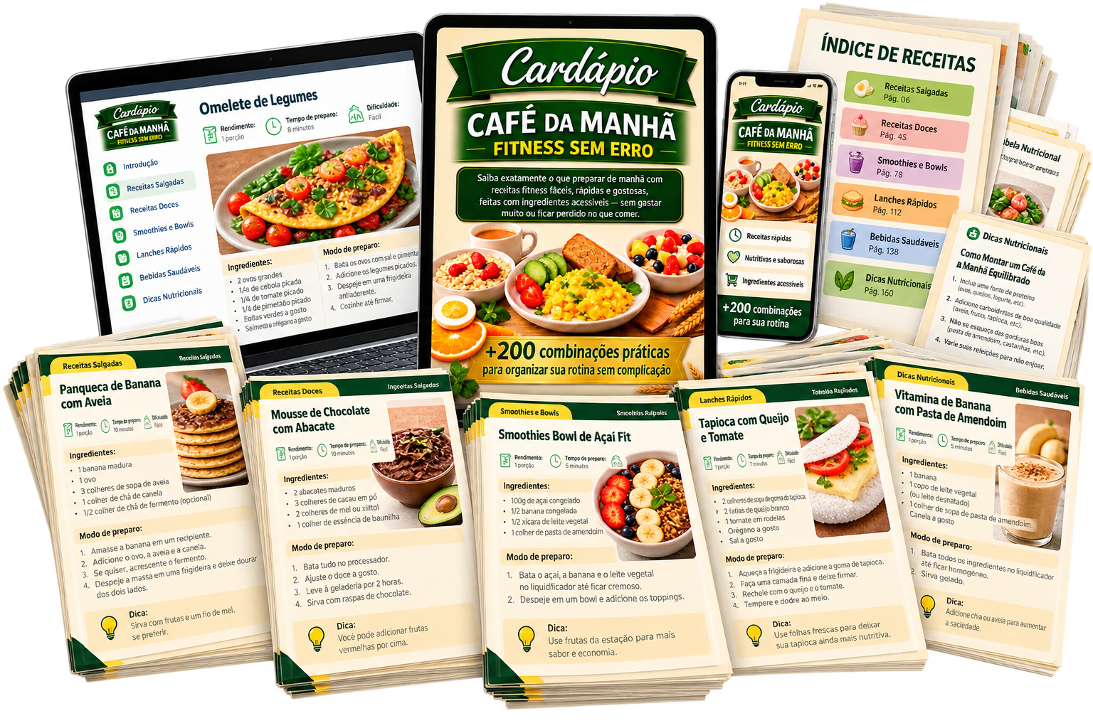 Mockup do Cardápio Café da Manhã Fitness Sem Erro no notebook, tablet, celular e apostila impressa